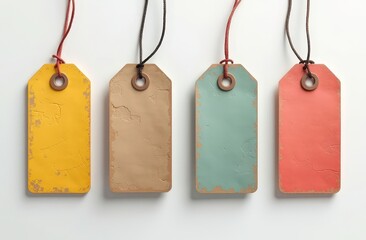 Colorful Vintage Price Tags: A quartet of vibrant, aged price tags, each adorned with a distressed finish and a rustic twine, adding a touch of vintage charm to your projects.  