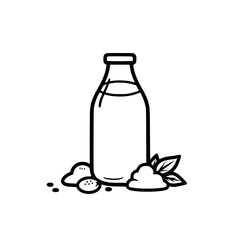 Wall Mural - Glass bottle of milk or juice with nuts and leaves.  Simple line art illustration perfect for food and beverage packaging, labels, or healthy lifestyle content.