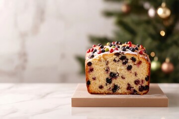 Wall Mural - Rich Fruit Christmas Cake in front of a tree on light background with copy space horizontal