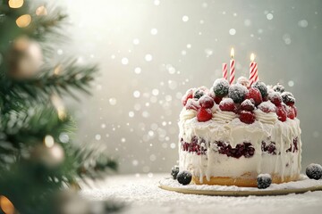 Wall Mural - Rich Fruit Christmas Cake in front of a tree on light background with copy space horizontal