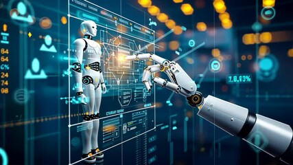 Poster - Futuristic robot showcases innovation in holographic interface technology, highlighting artificial intelligence, digital transformation, and automation in advanced environments.