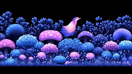 enchanted forest border featuring mushrooms and bird