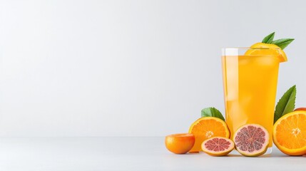 Wall Mural - A refreshing glass of orange juice with fresh fruit slices.