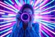© Downloads - A Vibrant and Futuristic Portrait of a Creative Woman Photographer Capturing the Essence of Neon Lights
