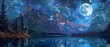 © COK House - This is an image of a breathtaking night landscape with a mountain lake and snowy peaks under a starry sky and full moon. Suitable for nature, travel and relaxation illustrations.