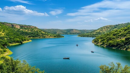 Wall Mural - Serene Landscape: Boats on a Turquoise Lake Surrounded by Lush Green Hills under a Blue Sky