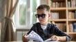 © Design Mystery - boy with down syndrome with big glasses reading intesting book