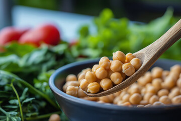 Wall Mural - Fresh organic chickpeas in wooden spoon and black bowl with fresh vegetables and herbs. Raw legume protein source for healthy vegan cooking ingredient.