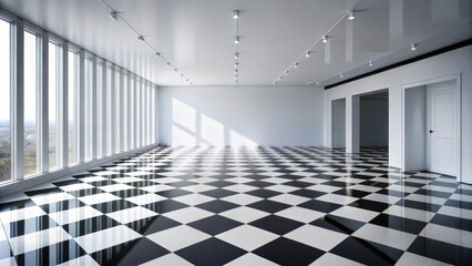 Sticker - Spacious modern room with large windows and a black and white checkered floor