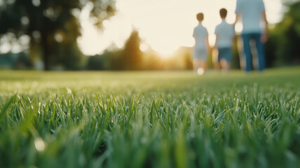 serene family scene with parents and children walking on green grass during sunset, creating warm and joyful atmosphere