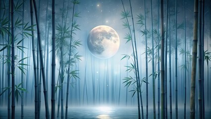 Sticker - Serene Moonlight Illuminates a Misty Bamboo Forest at Night