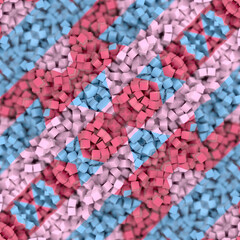 Fototapete - Digital illustration featuring a geometric pattern of many small three-dimensional cubes. The color palette consists of shades of pink, blue and white. 3d rendering