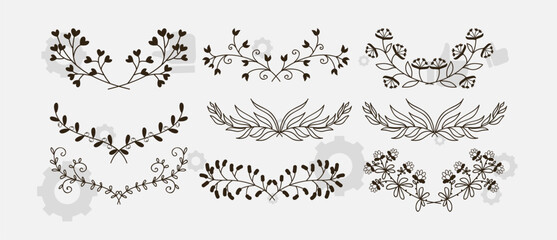 Wall Mural - Collection of geometric vector floral frames. Round, oval, triangle, square Borders decorated with hand drawn delicate flowers, branches, leaves, blossom.