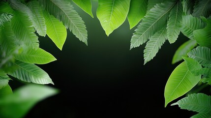 Wall Mural - Lush green leaves framing a dark background for a serene atmosphere.