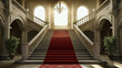 © Best_Seller - Castle and palace staircase. Stone or marble stair with red carpet. Fantasy ballroom marble staircase, theater ladder or royal palace vector stairway, medieval castle interior element with red carpet