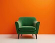 © umut hasanoglu - A vibrant green velvet armchair stands out against a bold orange wall.  The simple elegance of the chair creates a striking contrast, perfect for modern interior design.