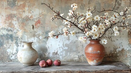 Canvas Print - Rustic still life with blooming branches in clay pot, peaches, and antique vase against textured wall.