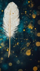 Wall Mural - white feather with golden details suspended in a bokeh background during a festive evening