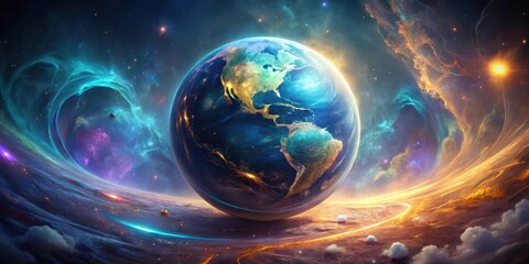 Wall Mural - a vibrant cosmic sphere, earth-like planet, surrounded by swirling nebulae and celestial rings of li