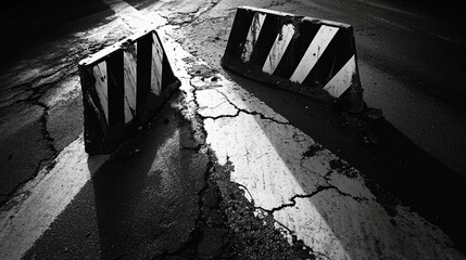 Wall Mural - Damaged road barriers lie on cracked asphalt road surface, monochrome.