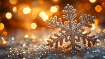 Wall Mural - A snowflake is on a snowy surface with a bright orange background