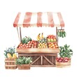 © ubolpun - Watercolor illustration of a rustic wooden fruit and vegetable stand with a striped awning, overflowing with fresh produce.