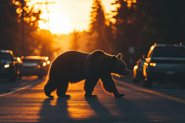 Wall Mural - A bear crossing a road at sunset, highlighting wildlife in urban settings.