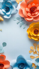 Poster - Handmade paper flowers and leaves creating a border on a pastel blue backdrop, perfect for Valentine's Day or spring-themed projects