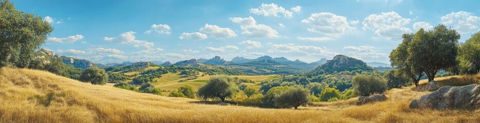 Naklejka na meble A panoramic view of an incredible landscape of the French countryside, with wheat fields and forested hills in the summer, a blue sky with white clouds, golden grass, and green trees