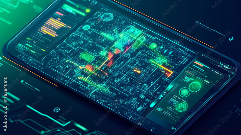 HUD navigation interface. Control of hazard, city map navigation screen ...