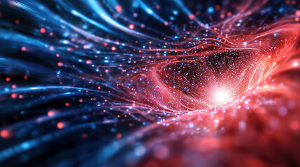 Blue and red wave with particles and light. Technology business concept