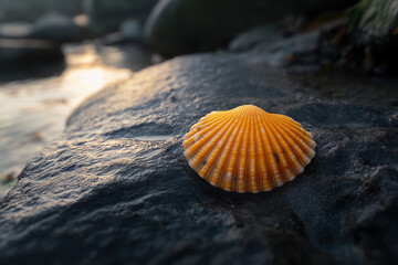 Wall Mural - A close-up of an orange scallop shell resting on a rock by the water.