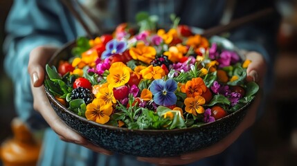 A person is holding a bowl of colorful salad with a variety of vegetables