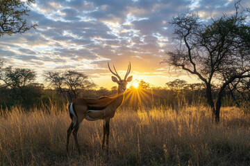 Wall Mural - A majestic antelope stands in a sunlit savanna at sunset, showcasing nature's beauty.