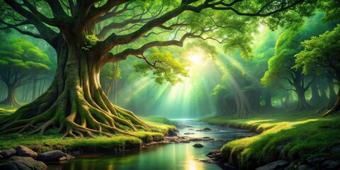 Poster - Serene forest scene with sunlit stream, ancient tree, and lush green vegetation