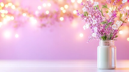 Canvas Print - Pink flowers in glass vase on table with bokeh lights.