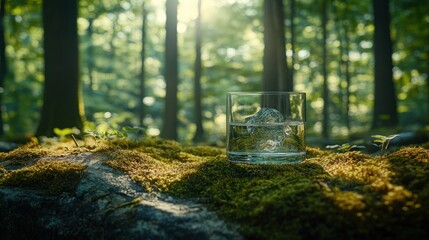 Wall Mural - Refreshing glass of water on mossy rock in a sunlit forest.