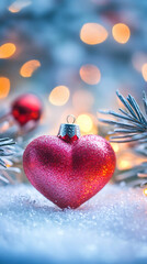 Canvas Print - Red heart shaped christmas ball is standing on snow with christmas lights bokeh in background, perfect for Valentine's Day