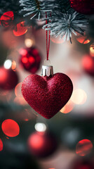 Canvas Print - Sparkling crimson heart ornament dangling from snow-covered evergreen branch, blurred holiday lights creating magical festive backdrop