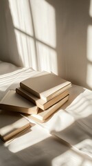 Wall Mural - A Stack of Books in the Warm Sunlight, Capturing the Essence of Cozy Reading Moments.  A Minimalist Aesthetic of Books and Natural Light. Perfect for a Calm and Peaceful Home Decor Inspiration.