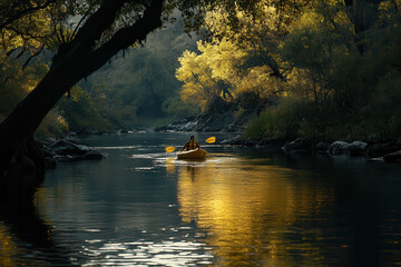 Wall Mural - A serene river scene with a kayaker surrounded by golden autumn foliage.