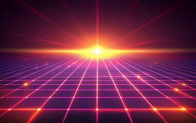 Wall Mural - retro futuristic grid landscape with glowing lines and bright light.