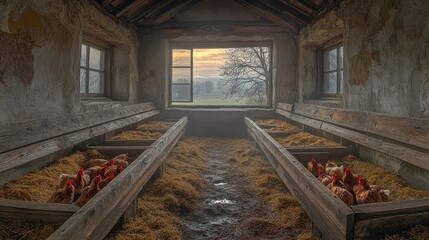 Poster - Rustic chicken coop interior, sunlight streaming through a large window, showcasing a tranquil rural landscape beyond.