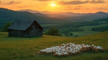 Poster - Rustic wooden cabin nestled in a grassy valley at sunset, with eggs arranged on hay.