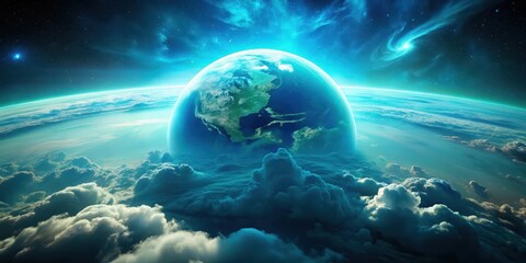 Wall Mural - a celestial body viewed from above a dense cloud layer, bathed in vibrant turquoise light from a neb