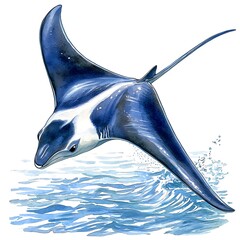 watercolor painting of a manta ray gracefully gliding through ocean waves.