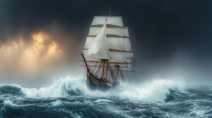 Canvas Print - Tall ship battles stormy ocean waves.