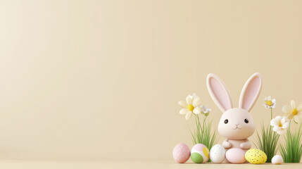 Wall Mural - Bunny and easter egg concept. Bunny with colorful eggs and flowers in pastel garden