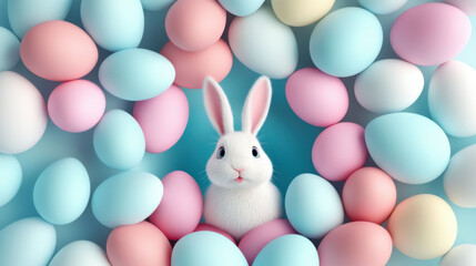 Wall Mural - Bunny and easter egg concept. Adorable bunny surrounded by pastel eggs in whimsical, colorful composition