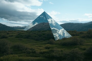 Wall Mural - A mountain made entirely of glass, reflecting a chaotic, upside-down world.